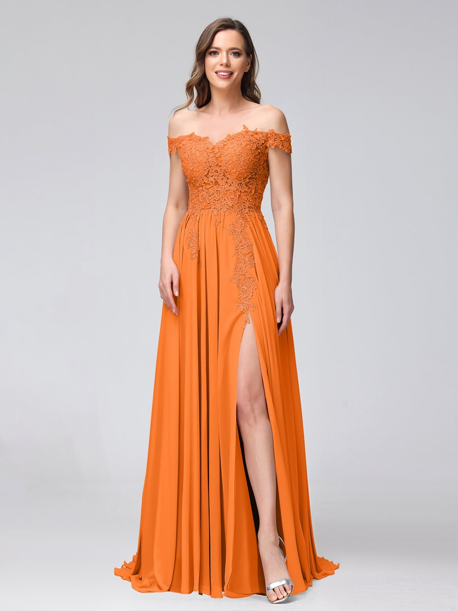 Princess A-Line Off-the-Shoulder Long Bridesmaid Dresses with Side Slit and Appliqued Sleeveless Design-BMbridal.UK