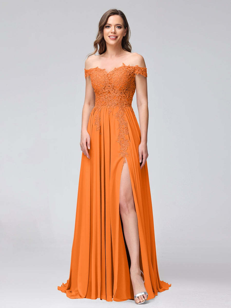 Princess A-Line Off-the-Shoulder Long Bridesmaid Dresses with Side Slit and Appliqued Sleeveless Design-BMbridal.UK