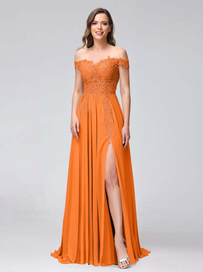 Princess A-Line Off-the-Shoulder Long Bridesmaid Dresses with Side Slit and Appliqued Sleeveless Design-BMbridal.UK
