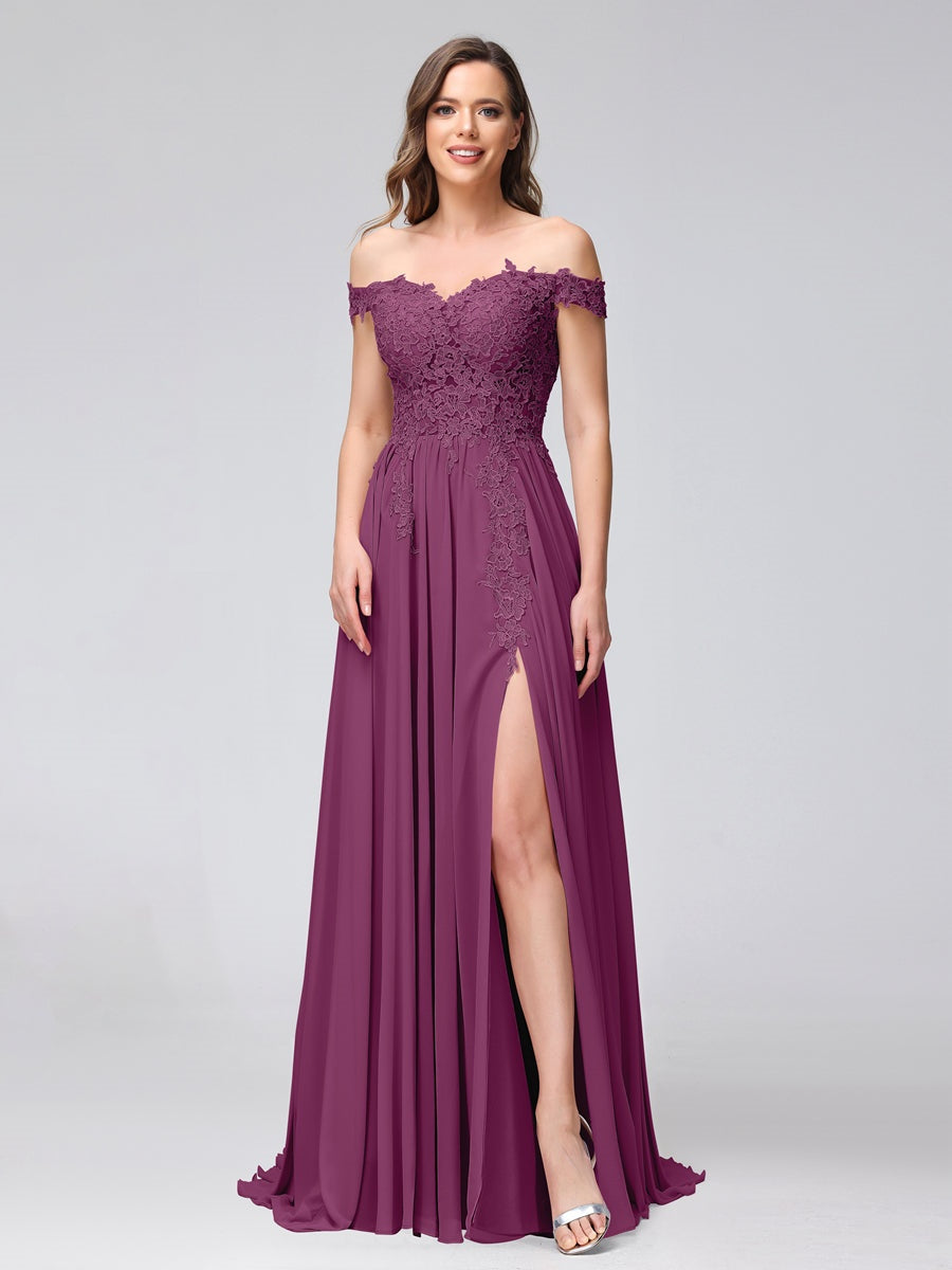Princess A-Line Off-the-Shoulder Long Bridesmaid Dresses with Side Slit and Appliqued Sleeveless Design-BMbridal.UK