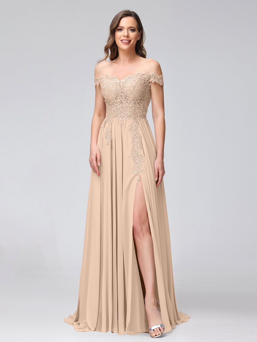 Princess A-Line Off-the-Shoulder Long Bridesmaid Dresses with Side Slit and Appliqued Sleeveless Design-BMbridal.UK