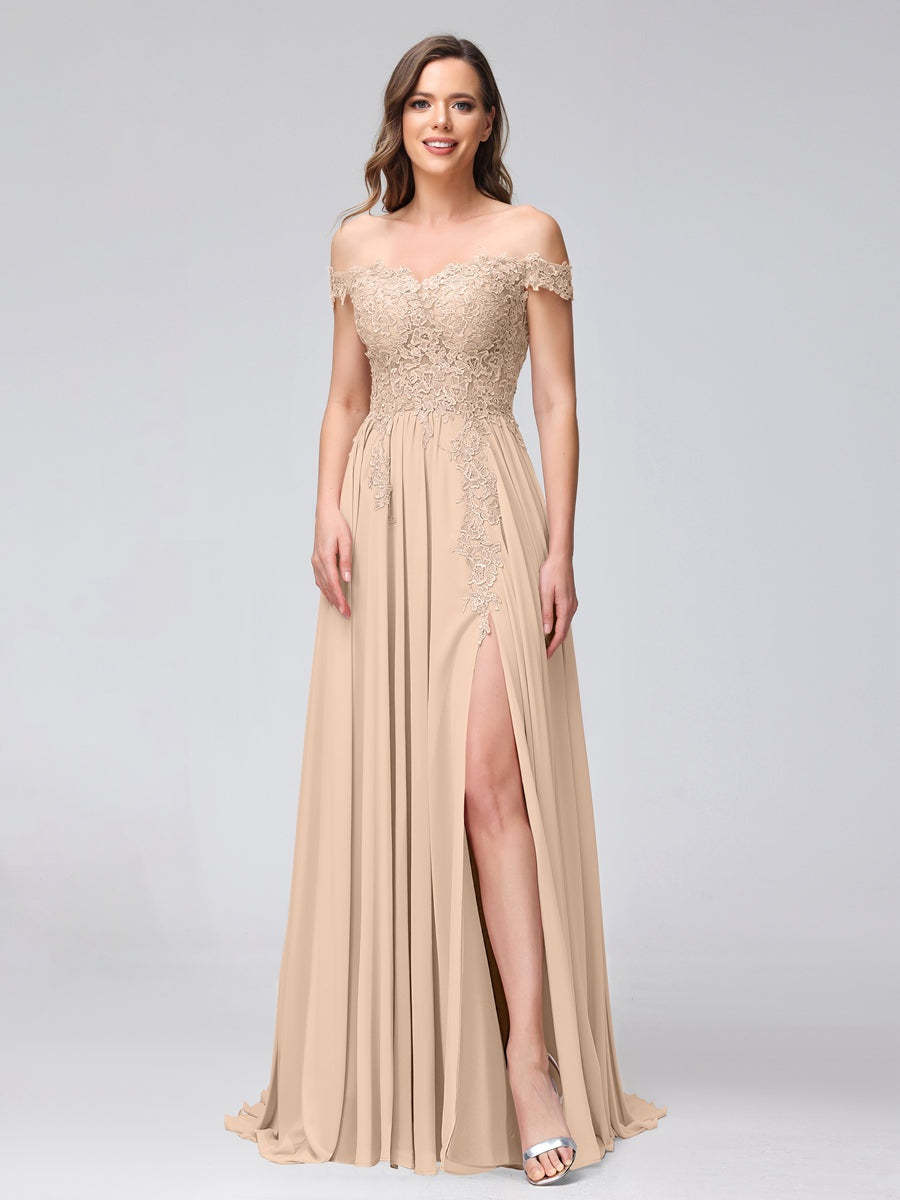 Princess A-Line Off-the-Shoulder Long Bridesmaid Dresses with Side Slit and Appliqued Sleeveless Design-BMbridal.UK