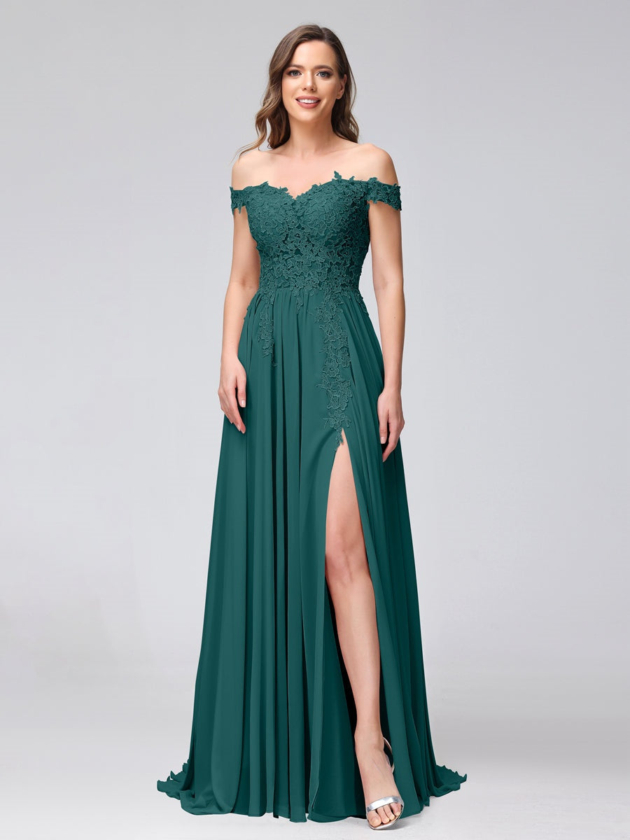 Princess A-Line Off-the-Shoulder Long Bridesmaid Dresses with Side Slit and Appliqued Sleeveless Design-BMbridal.UK