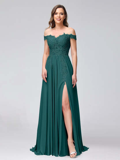 Princess A-Line Off-the-Shoulder Long Bridesmaid Dresses with Side Slit and Appliqued Sleeveless Design-BMbridal.UK