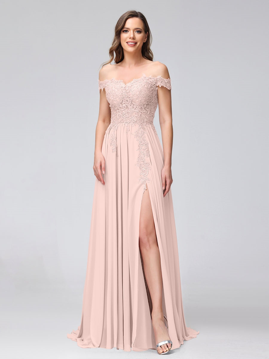 Princess A-Line Off-the-Shoulder Long Bridesmaid Dresses with Side Slit and Appliqued Sleeveless Design-BMbridal.UK