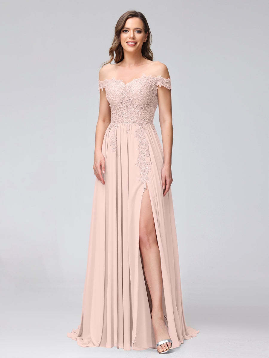 Princess A-Line Off-the-Shoulder Long Bridesmaid Dresses with Side Slit and Appliqued Sleeveless Design-BMbridal.UK