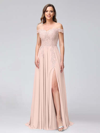 Princess A-Line Off-the-Shoulder Long Bridesmaid Dresses with Side Slit and Appliqued Sleeveless Design-BMbridal.UK