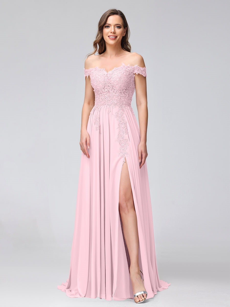 Princess A-Line Off-the-Shoulder Long Bridesmaid Dresses with Side Slit and Appliqued Sleeveless Design-BMbridal.UK