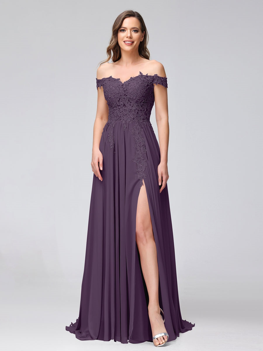 Princess A-Line Off-the-Shoulder Long Bridesmaid Dresses with Side Slit and Appliqued Sleeveless Design-BMbridal.UK