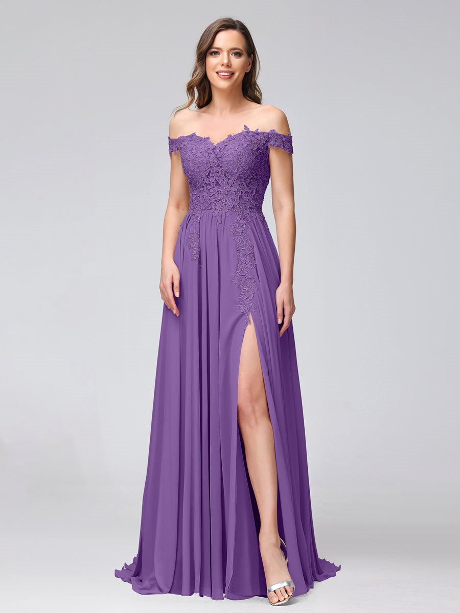 Princess A-Line Off-the-Shoulder Long Bridesmaid Dresses with Side Slit and Appliqued Sleeveless Design-BMbridal.UK