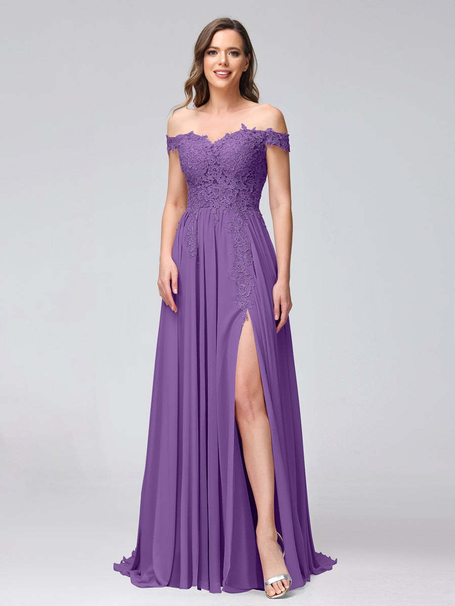 Princess A-Line Off-the-Shoulder Long Bridesmaid Dresses with Side Slit and Appliqued Sleeveless Design-BMbridal.UK