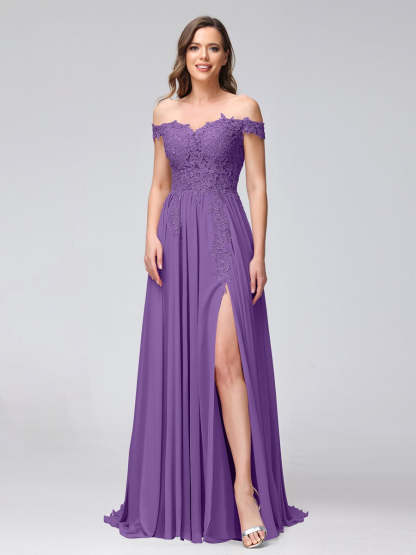 Princess A-Line Off-the-Shoulder Long Bridesmaid Dresses with Side Slit and Appliqued Sleeveless Design-BMbridal.UK