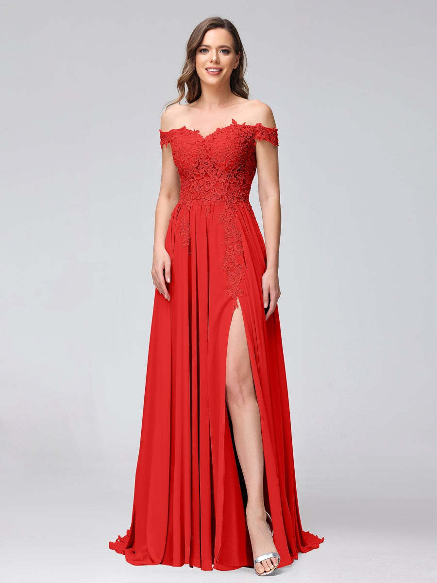Princess A-Line Off-the-Shoulder Long Bridesmaid Dresses with Side Slit and Appliqued Sleeveless Design-BMbridal.UK