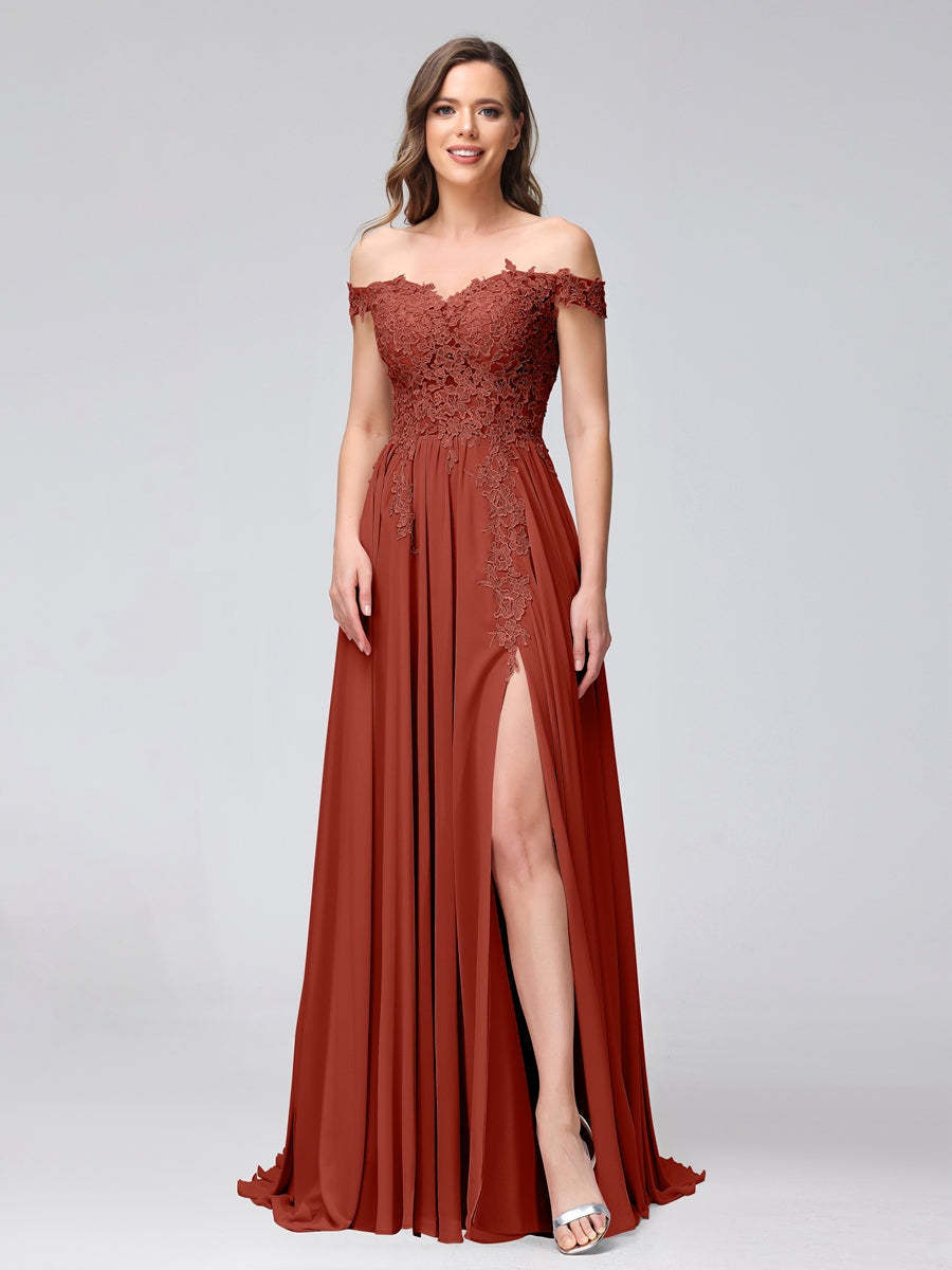 Princess A-Line Off-the-Shoulder Long Bridesmaid Dresses with Side Slit and Appliqued Sleeveless Design-BMbridal.UK