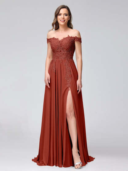 Princess A-Line Off-the-Shoulder Long Bridesmaid Dresses with Side Slit and Appliqued Sleeveless Design-BMbridal.UK