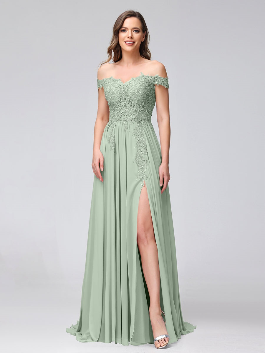 Princess A-Line Off-the-Shoulder Long Bridesmaid Dresses with Side Slit and Appliqued Sleeveless Design-BMbridal.UK