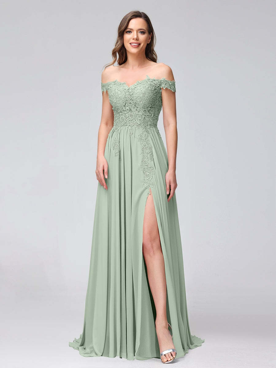 Princess A-Line Off-the-Shoulder Long Bridesmaid Dresses with Side Slit and Appliqued Sleeveless Design-BMbridal.UK