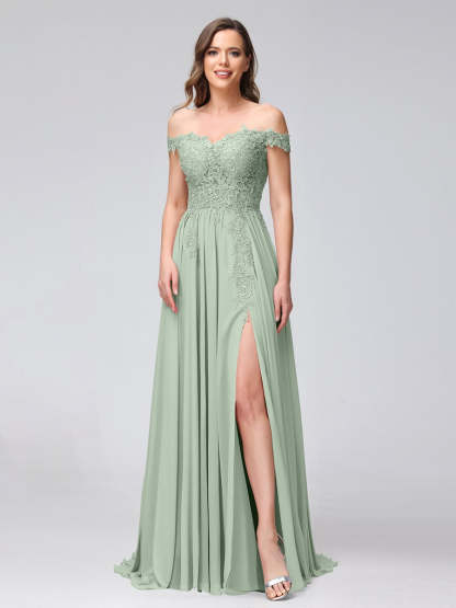 Princess A-Line Off-the-Shoulder Long Bridesmaid Dresses with Side Slit and Appliqued Sleeveless Design-BMbridal.UK