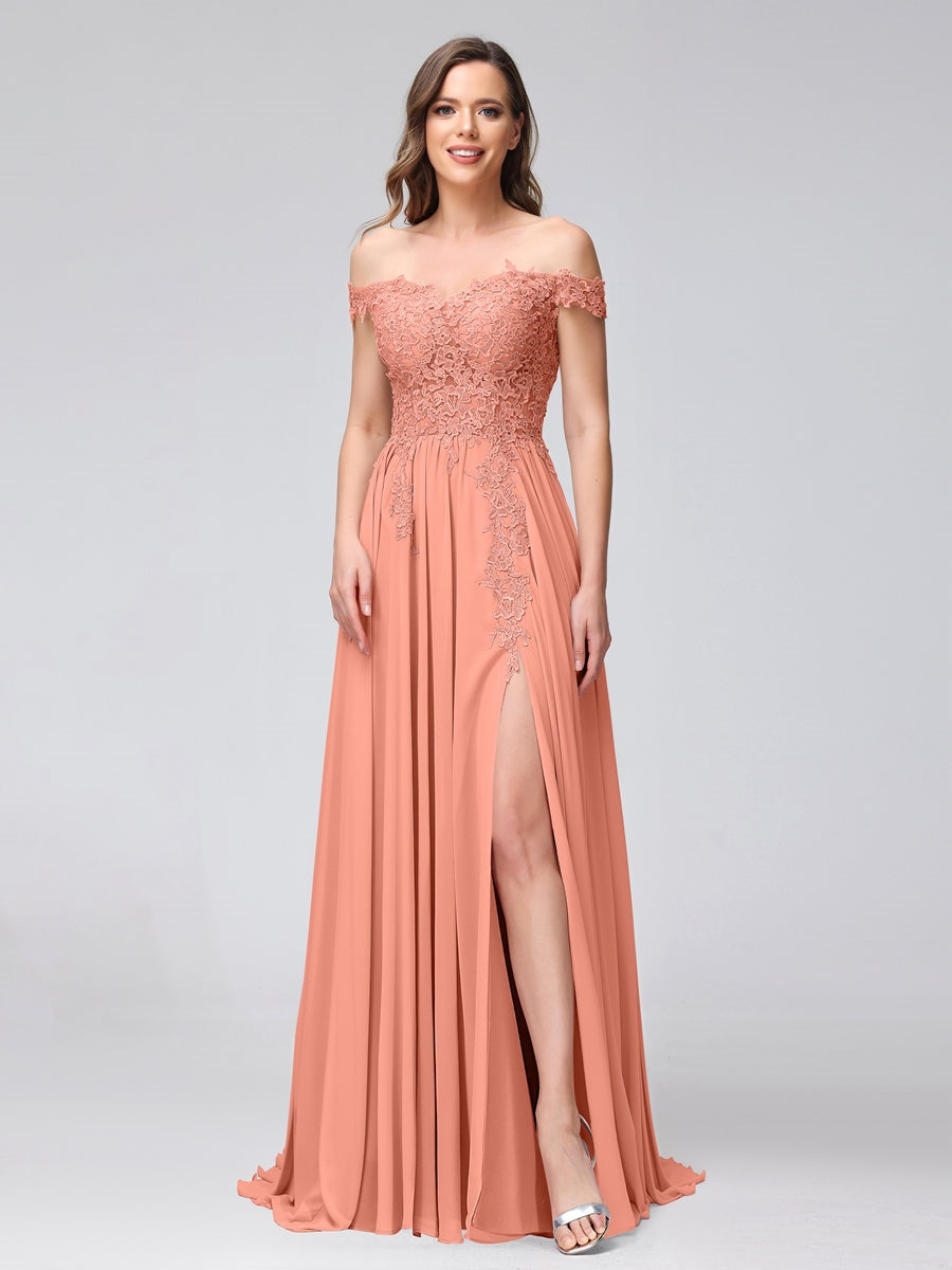 Princess A-Line Off-the-Shoulder Long Bridesmaid Dresses with Side Slit and Appliqued Sleeveless Design-BMbridal.UK