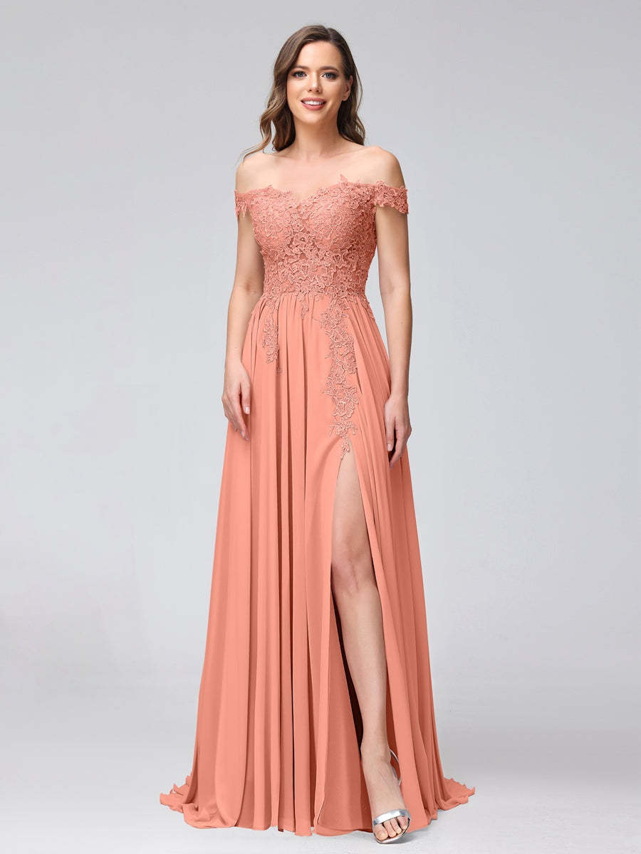 Princess A-Line Off-the-Shoulder Long Bridesmaid Dresses with Side Slit and Appliqued Sleeveless Design-BMbridal.UK