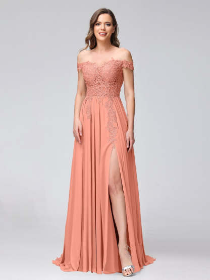 Princess A-Line Off-the-Shoulder Long Bridesmaid Dresses with Side Slit and Appliqued Sleeveless Design-BMbridal.UK