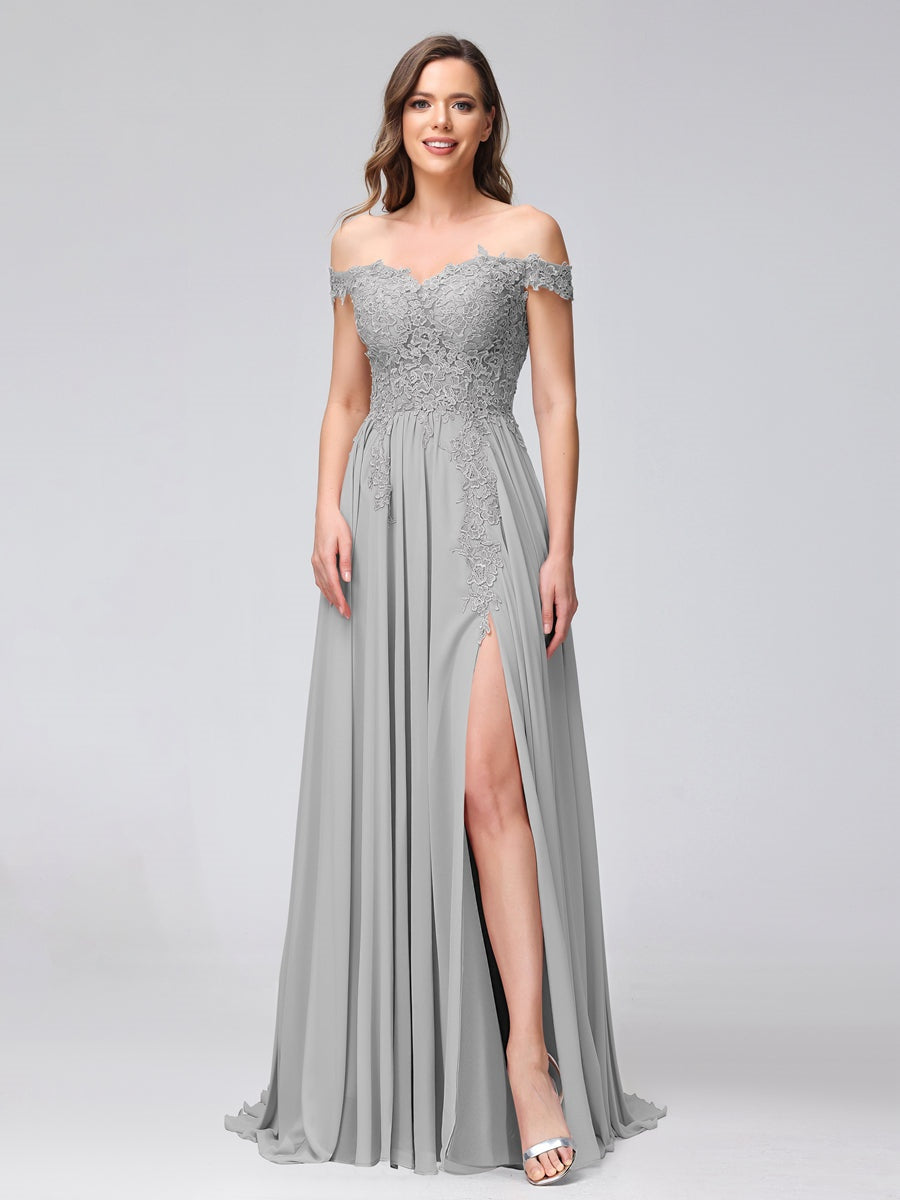 Princess A-Line Off-the-Shoulder Long Bridesmaid Dresses with Side Slit and Appliqued Sleeveless Design-BMbridal.UK