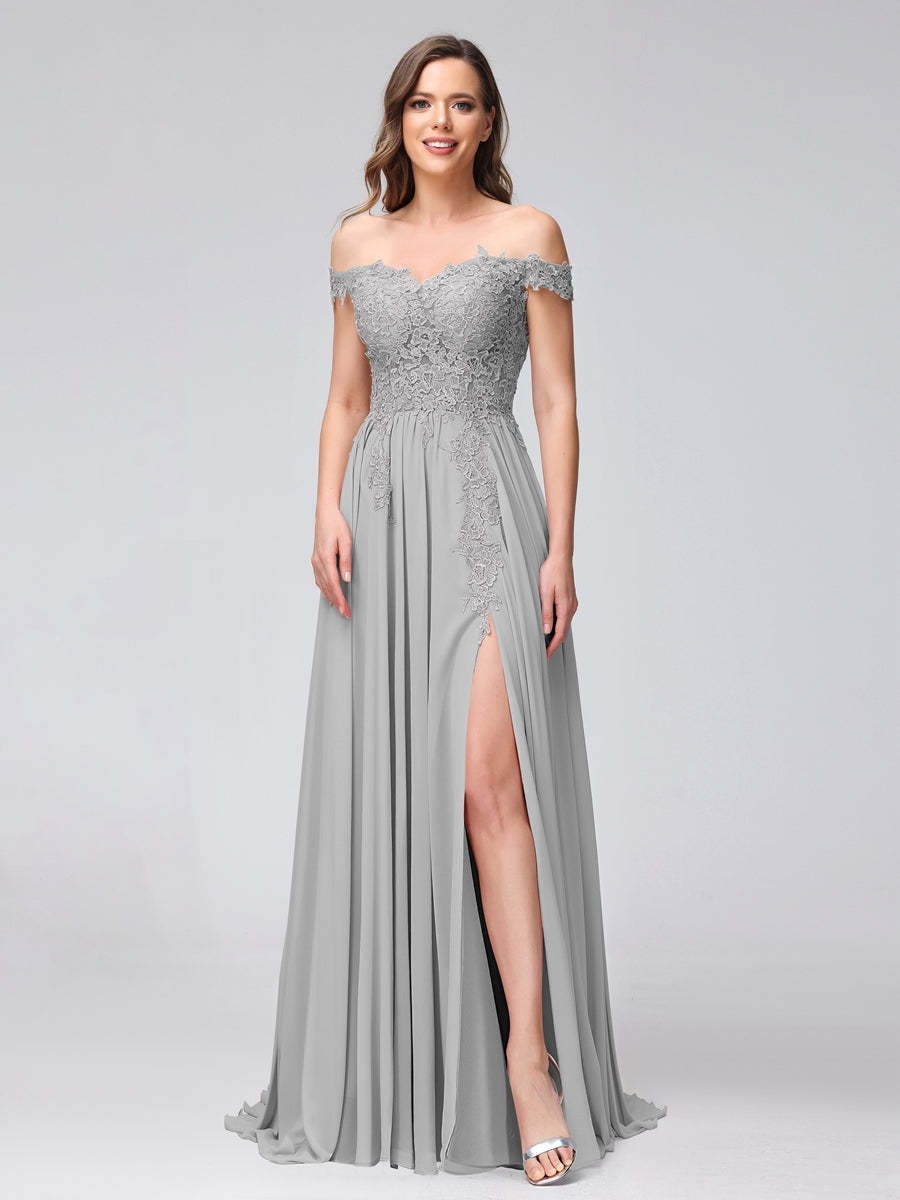 Princess A-Line Off-the-Shoulder Long Bridesmaid Dresses with Side Slit and Appliqued Sleeveless Design-BMbridal.UK