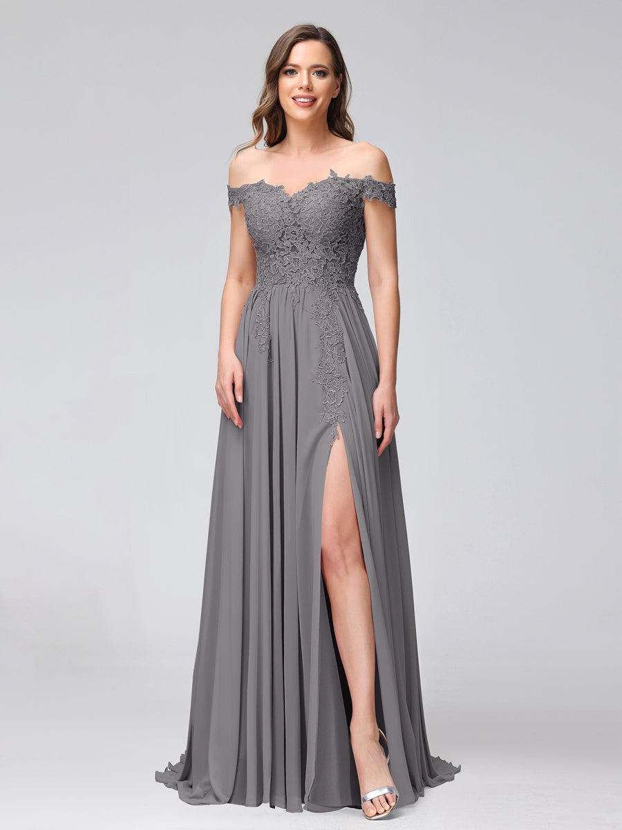 Princess A-Line Off-the-Shoulder Long Bridesmaid Dresses with Side Slit and Appliqued Sleeveless Design-BMbridal.UK