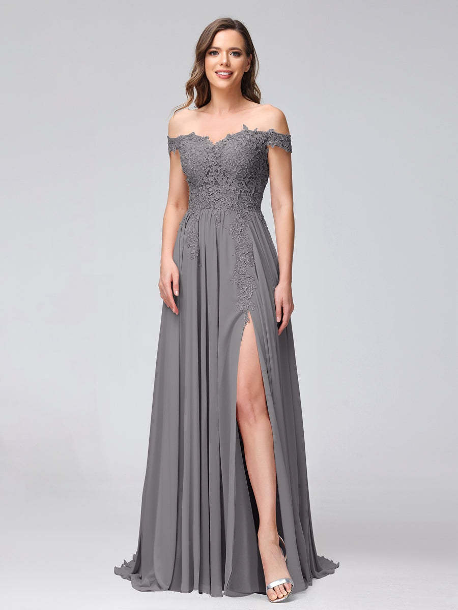 Princess A-Line Off-the-Shoulder Long Bridesmaid Dresses with Side Slit and Appliqued Sleeveless Design-BMbridal.UK
