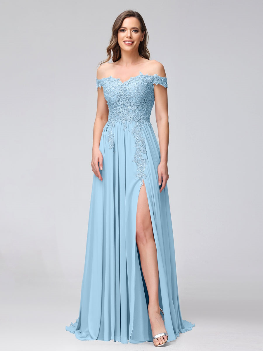 Princess A-Line Off-the-Shoulder Long Bridesmaid Dresses with Side Slit and Appliqued Sleeveless Design-BMbridal.UK