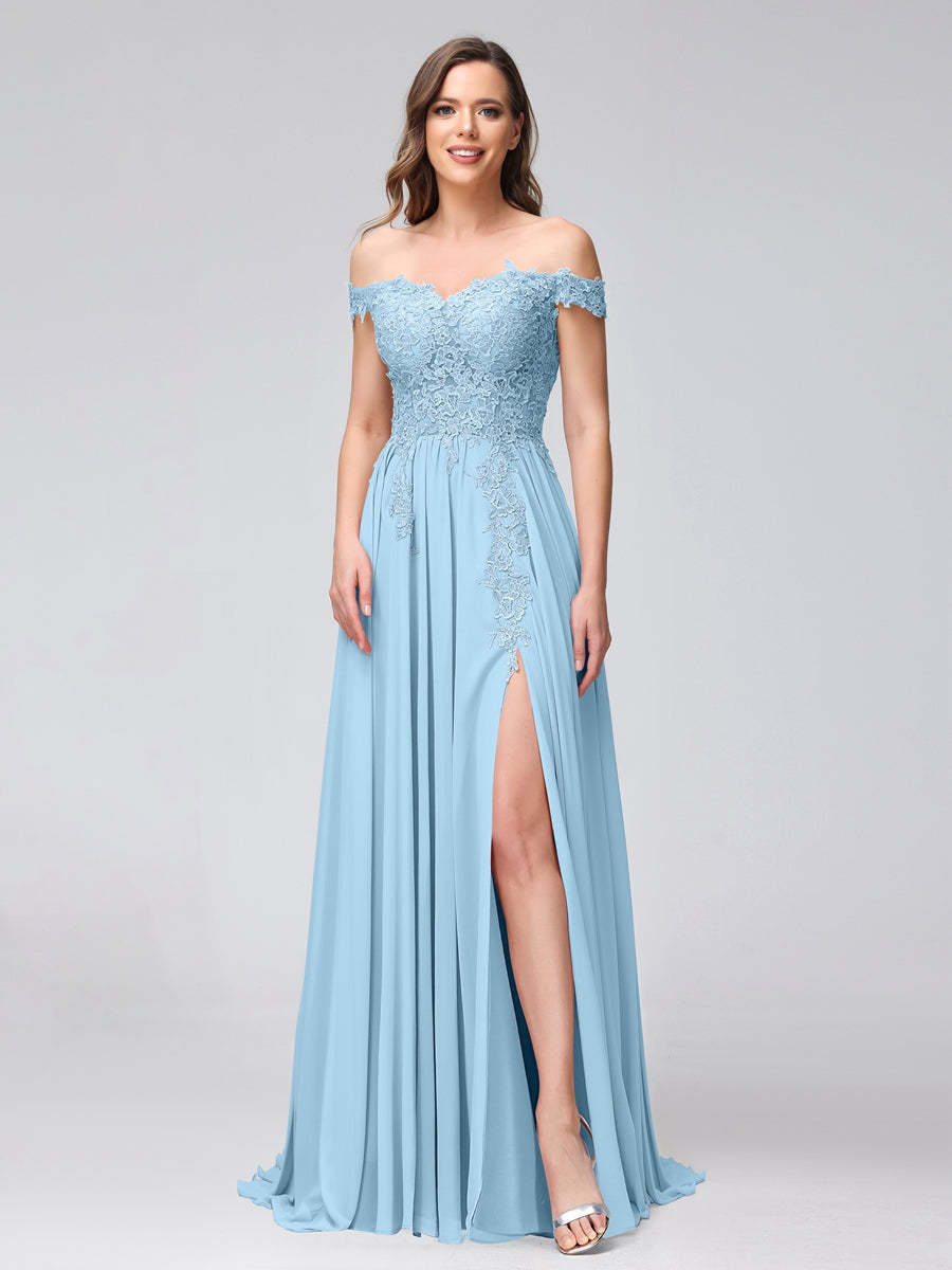 Princess A-Line Off-the-Shoulder Long Bridesmaid Dresses with Side Slit and Appliqued Sleeveless Design-BMbridal.UK