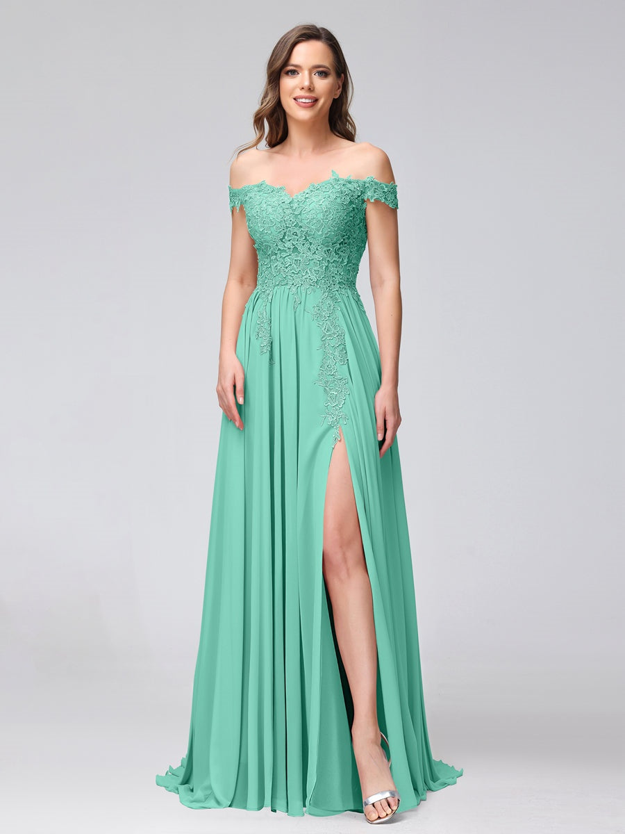 Princess A-Line Off-the-Shoulder Long Bridesmaid Dresses with Side Slit and Appliqued Sleeveless Design-BMbridal.UK