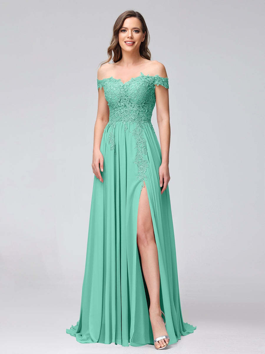 Princess A-Line Off-the-Shoulder Long Bridesmaid Dresses with Side Slit and Appliqued Sleeveless Design-BMbridal.UK