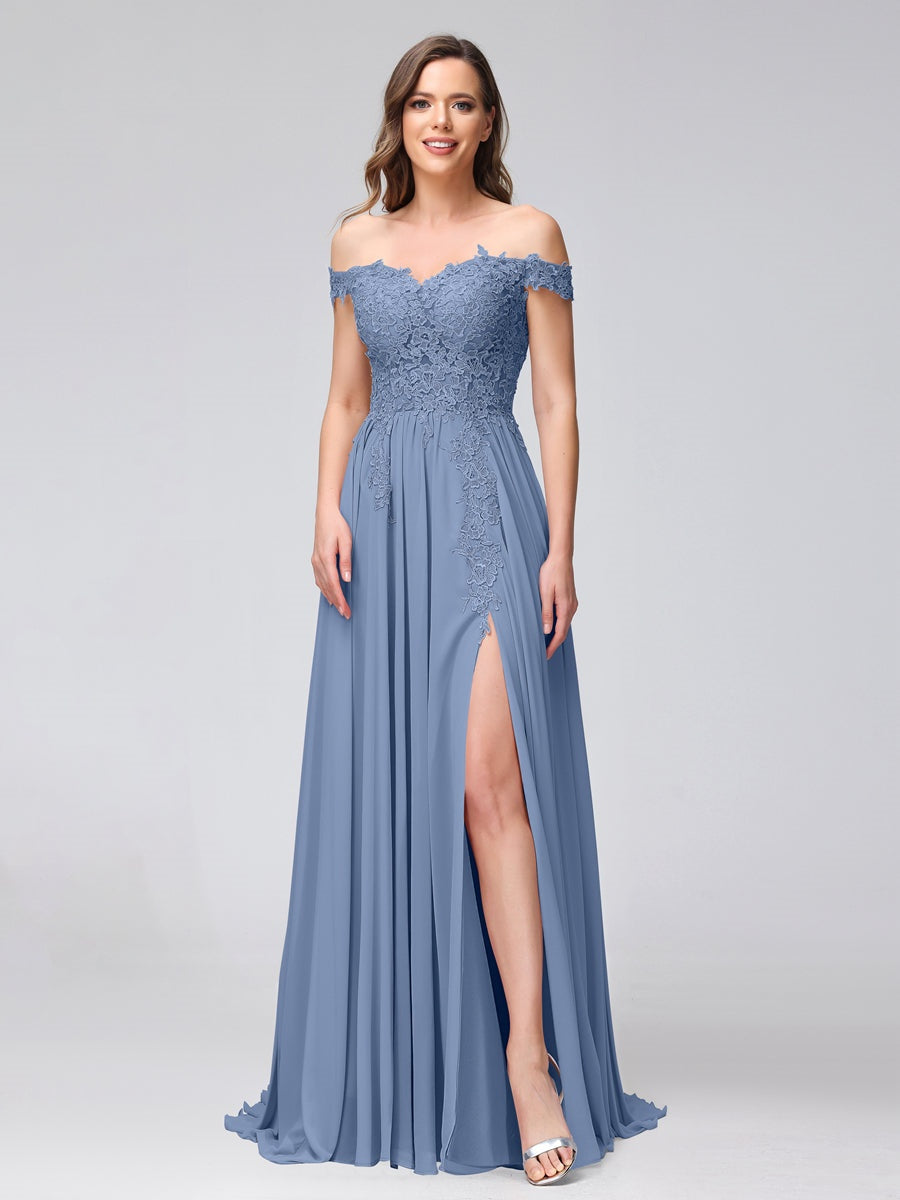 Princess A-Line Off-the-Shoulder Long Bridesmaid Dresses with Side Slit and Appliqued Sleeveless Design-BMbridal.UK