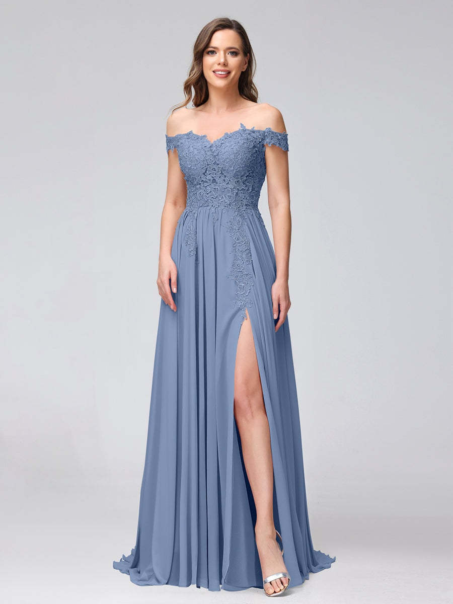 Princess A-Line Off-the-Shoulder Long Bridesmaid Dresses with Side Slit and Appliqued Sleeveless Design-BMbridal.UK