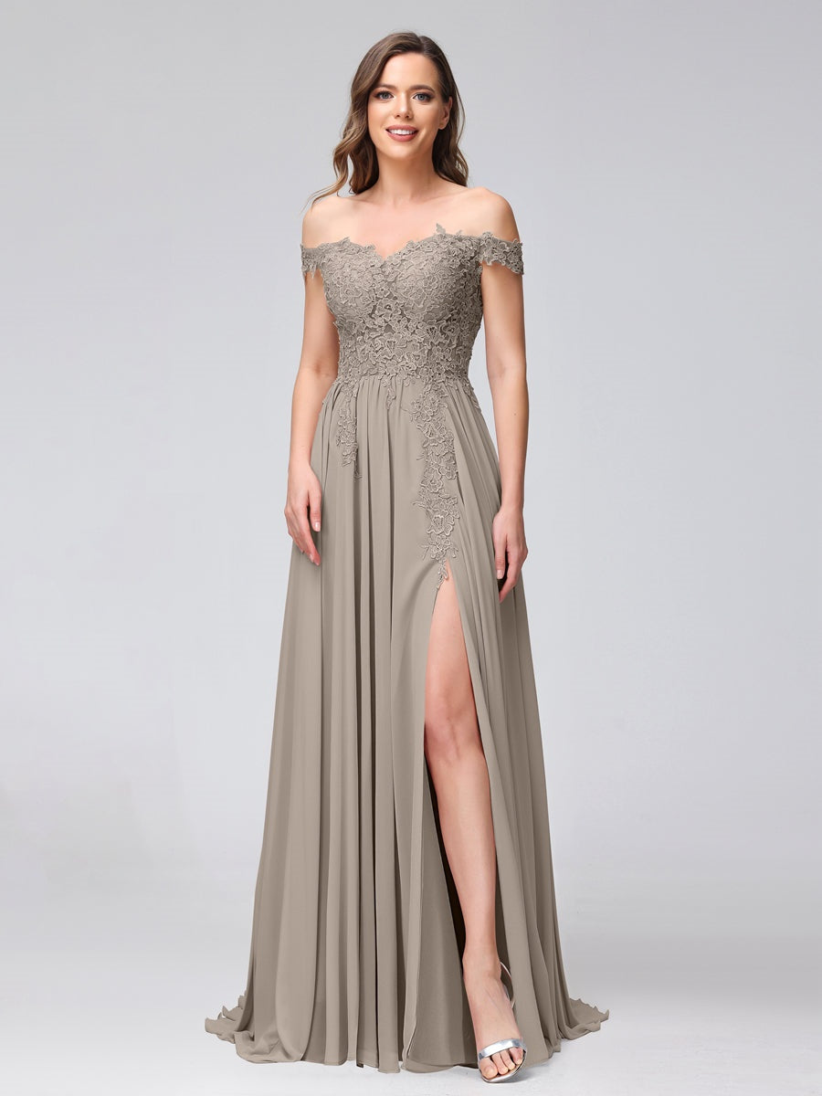 Princess A-Line Off-the-Shoulder Long Bridesmaid Dresses with Side Slit and Appliqued Sleeveless Design-BMbridal.UK