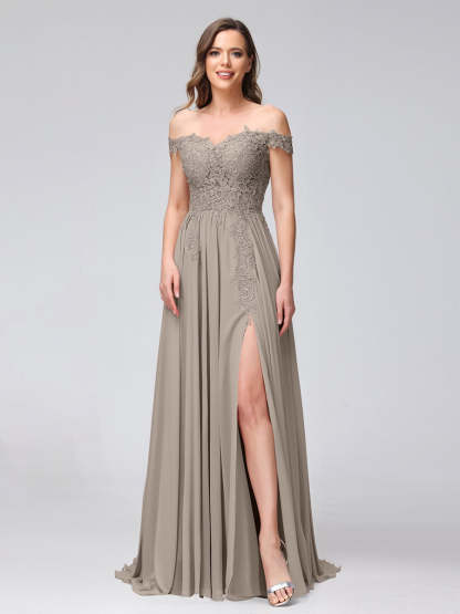 Princess A-Line Off-the-Shoulder Long Bridesmaid Dresses with Side Slit and Appliqued Sleeveless Design-BMbridal.UK