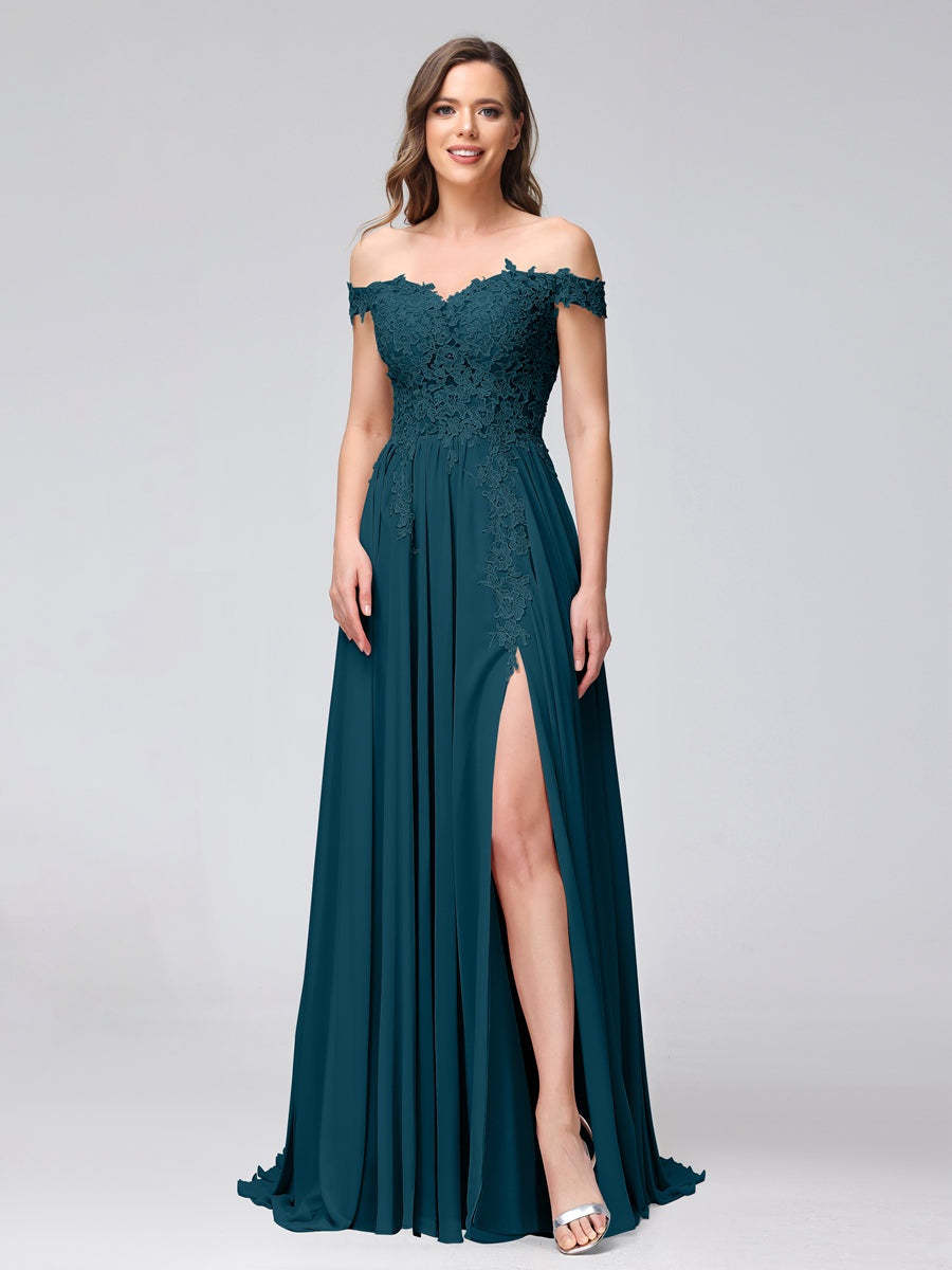 Princess A-Line Off-the-Shoulder Long Bridesmaid Dresses with Side Slit and Appliqued Sleeveless Design-BMbridal.UK
