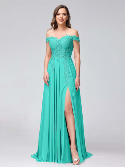 Princess A-Line Off-the-Shoulder Long Bridesmaid Dresses with Side Slit and Appliqued Sleeveless Design-BMbridal.UK