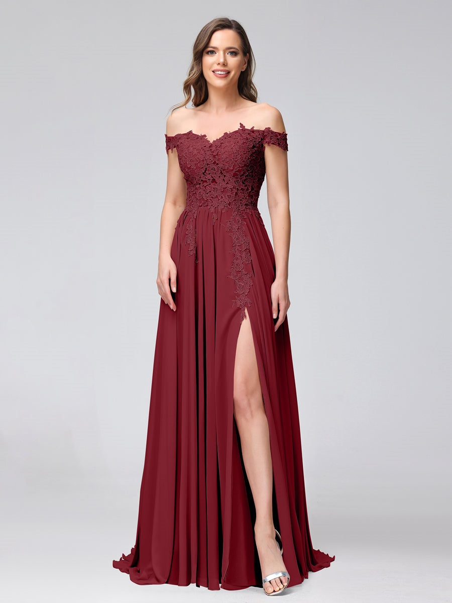 Princess A-Line Off-the-Shoulder Long Bridesmaid Dresses with Side Slit and Appliqued Sleeveless Design-BMbridal.UK