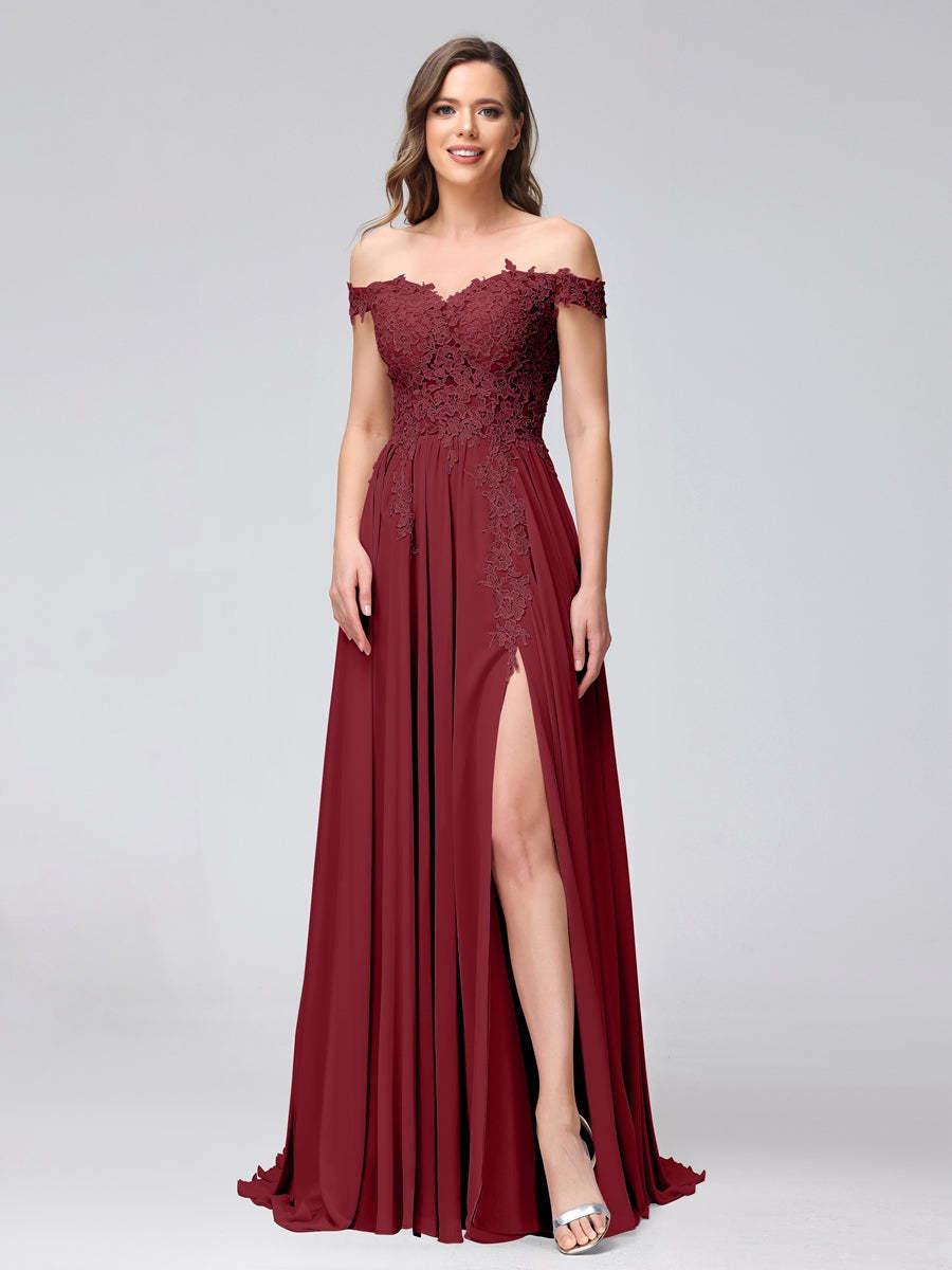 Princess A-Line Off-the-Shoulder Long Bridesmaid Dresses with Side Slit and Appliqued Sleeveless Design-BMbridal.UK