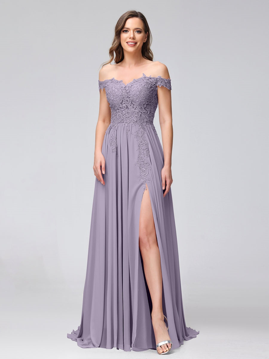 Princess A-Line Off-the-Shoulder Long Bridesmaid Dresses with Side Slit and Appliqued Sleeveless Design-BMbridal.UK