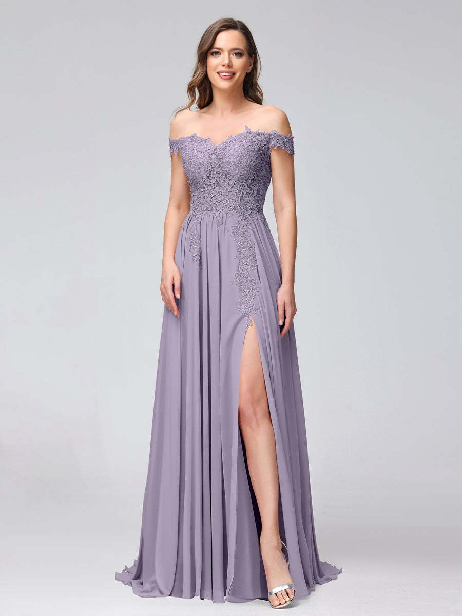 Princess A-Line Off-the-Shoulder Long Bridesmaid Dresses with Side Slit and Appliqued Sleeveless Design-BMbridal.UK