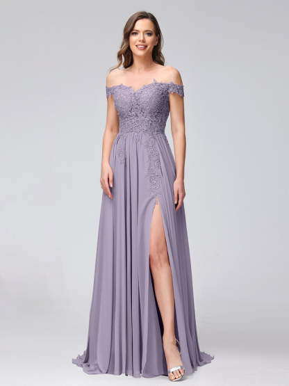 Princess A-Line Off-the-Shoulder Long Bridesmaid Dresses with Side Slit and Appliqued Sleeveless Design-BMbridal.UK