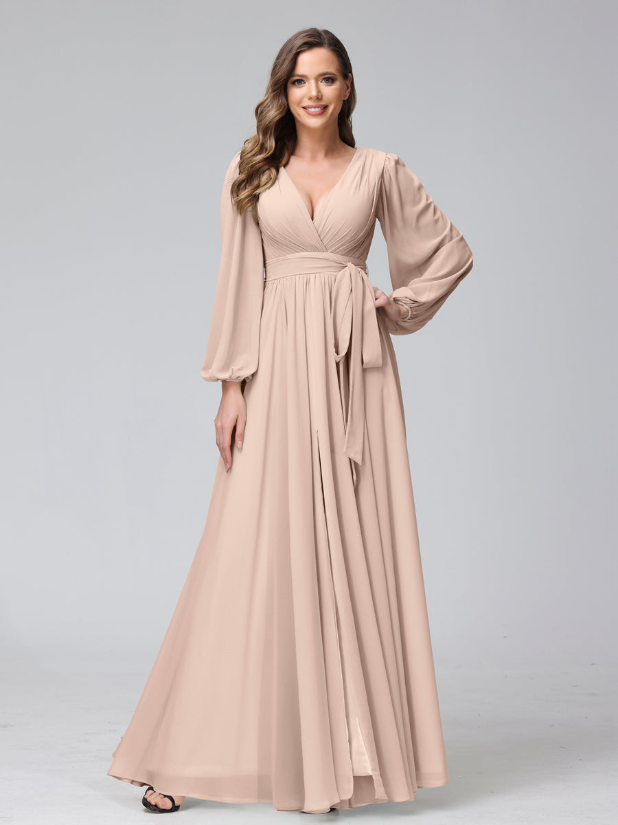Chiffon Bridesmaid Dress with V-Neck, Long Sleeves, and Side Split