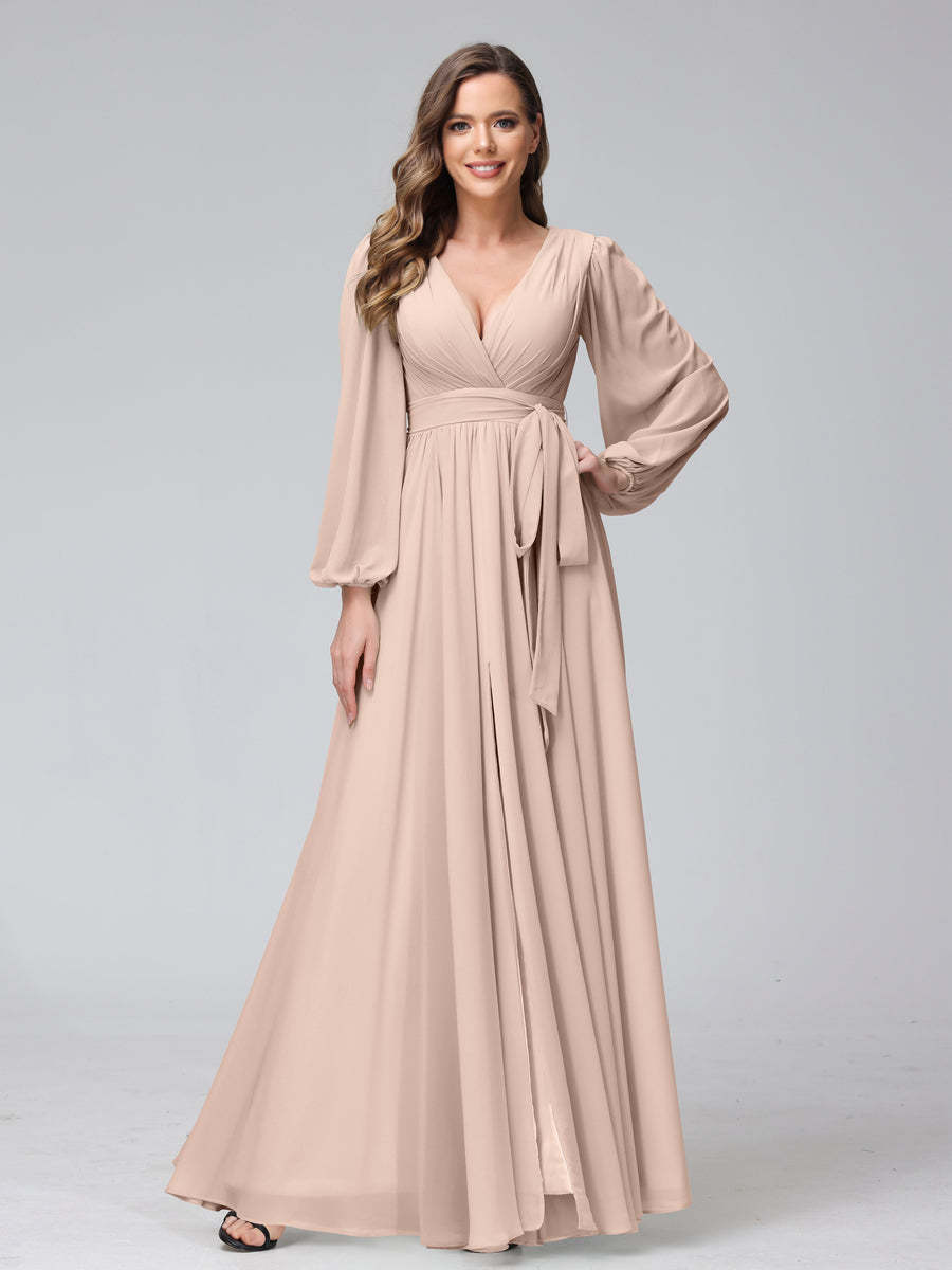 Chiffon Bridesmaid Dress with V-Neck, Long Sleeves, and Side Split