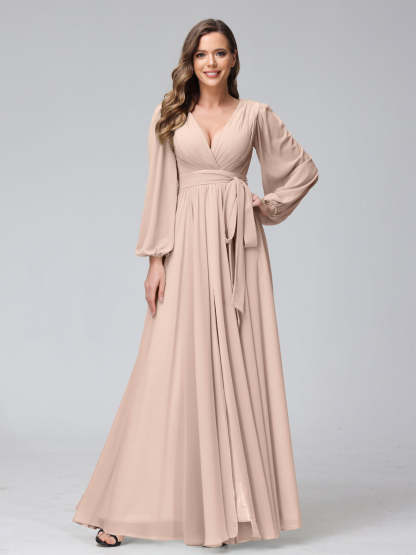 Chiffon Bridesmaid Dress with V-Neck, Long Sleeves, and Side Split