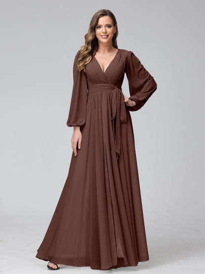 Chiffon Bridesmaid Dress with V-Neck, Long Sleeves, and Side Split