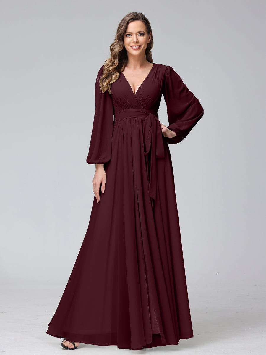 Chiffon Bridesmaid Dress with V-Neck, Long Sleeves, and Side Split