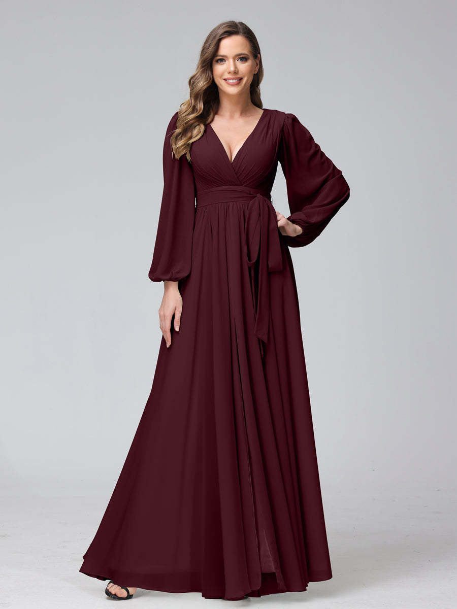 Chiffon Bridesmaid Dress with V-Neck, Long Sleeves, and Side Split